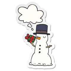 cartoon snowman and thought bubble as a printed sticker