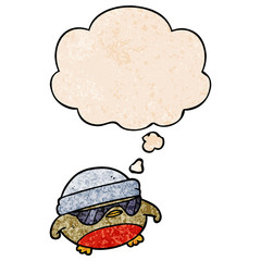 cartoon cool christmas robin and thought bubble in grunge texture pattern style