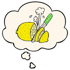cartoon sliced lemon and thought bubble in comic book style