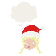 cartoon girl wearing christmas hat and thought bubble in retro style