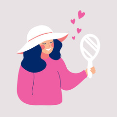 Hand drawn cartoon young woman in the Wide Brim Hat looks at the hand mirror. Cute smiling female character is trying on a headdress. Beauty and fashion flat vector illustration