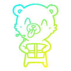 cold gradient line drawing rude cartoon polar bear sticking out tongue with present