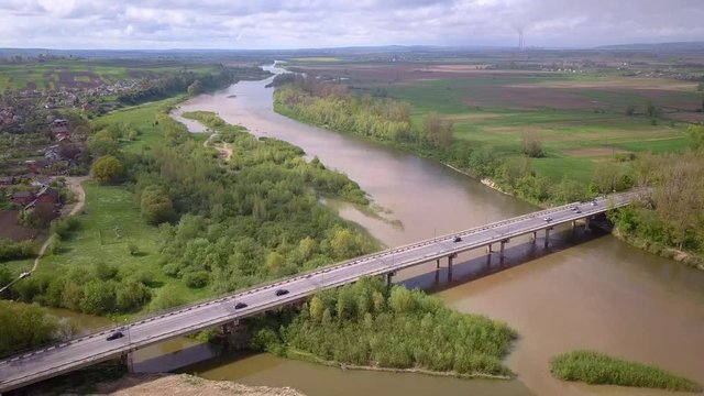 Aerial view of Dnister river and two bridges in town of Halych in Ukraine.