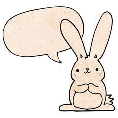 cartoon rabbit and speech bubble in retro texture style