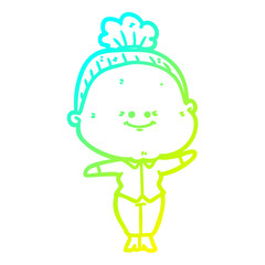 cold gradient line drawing cartoon happy old woman