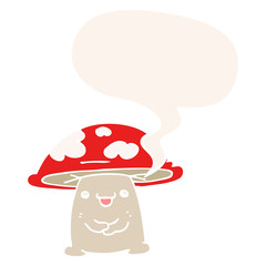 cartoon mushroom character and speech bubble in retro style