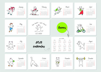 Your health - your choice! Monthly calendar 2020 template with a cute white athlete cat. Vector illustration 8 EPS.