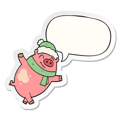cartoon pig wearing christmas hat and speech bubble sticker