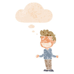cartoon boy shrugging and thought bubble in retro textured style