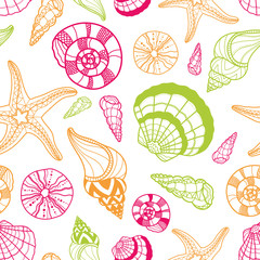 Fun seashell seamless pattern, hand drawn colorful shells starfish and dark background, beautiful cartoon design for kid - great for summer textile print, banners, fabric, gift wrapping, wallpaper 