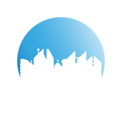 city tower building in blue circle button