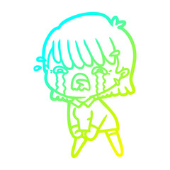 cold gradient line drawing cartoon girl crying