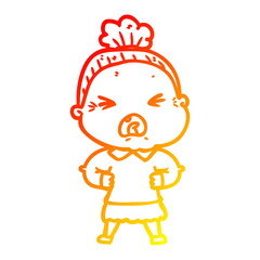 warm gradient line drawing cartoon angry old woman