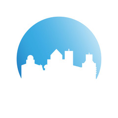 city tower building in blue circle button