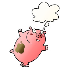 funny cartoon pig and thought bubble in smooth gradient style