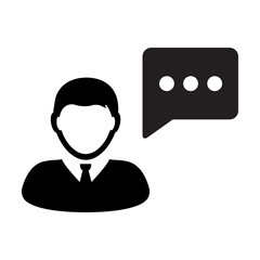 Talk icon vector male person profile avatar with speech bubble symbol for discussion and information in flat color glyph pictogram illustration
