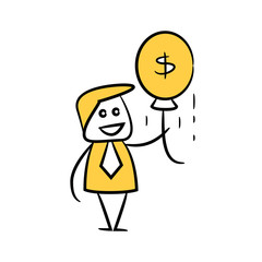 doodle stick figure businessman holding money balloon