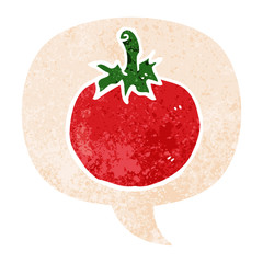 cartoon tomato and speech bubble in retro textured style