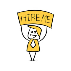 doodle stick figure businessman showing hire me signage