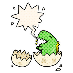 cartoon dinosaur hatching from egg and speech bubble in comic book style