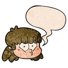 cartoon female face and speech bubble in retro texture style