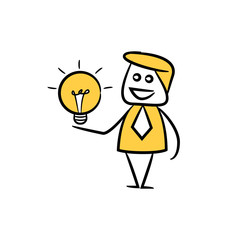 doodle stick figure businessman holding light bulb for creativity concept