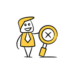 doodle stick figure businessman with magnifier glass and cross mark