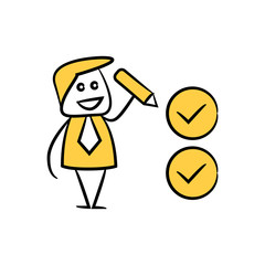 doodle stick figure businessman writing check mark