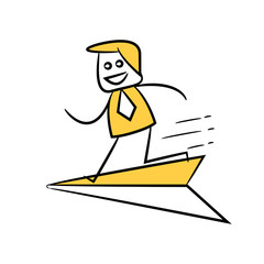 doodle stick figure businessman riding paper plane
