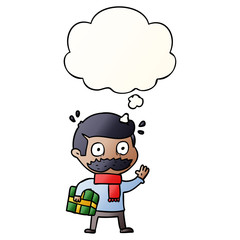 cartoon man with mustache and christmas present and thought bubble in smooth gradient style