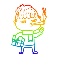 rainbow gradient line drawing cartoon man smoking carrying christmas gift