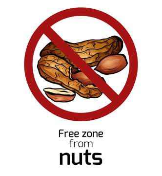 Cartoon Peanut In The Prohibition Sign. Free Zone From Nuts. Ban On Allergens. Allergy Alert. Badges With Forbiddance. Vector Element For Recipes, Menus, Stickers And Your Design.