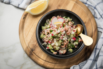 Norddeutscher Friesischer Nordseekrabben Salat in Schale mit Gurken, Radieschen, Zwiebeln, Dill und Zitronen auf Holz Brett