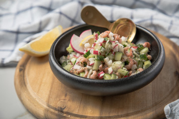 Norddeutscher Friesischer Nordseekrabben Salat in Schale mit Gurken, Radieschen, Zwiebeln, Dill und...