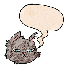 cartoon tough cat face and speech bubble in retro texture style