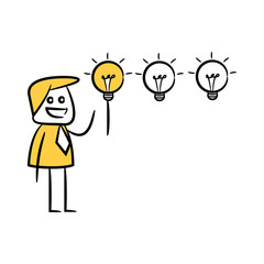 doodle stick figure businessman turning on light bulb