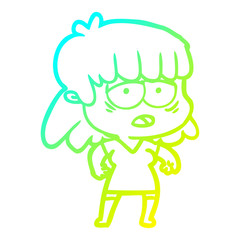 cold gradient line drawing cartoon tired woman