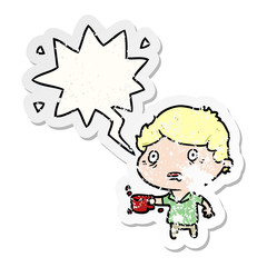 cartoon man jittery from drinking too much coffee and speech bubble distressed sticker