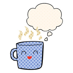 cute coffee cup cartoon and thought bubble in comic book style