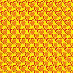 Seamless pattern of red heart figures on a yellow background for fabrics, wallpapers, tablecloths, prints and designs. Abstract background for mobile applications. The EPS file, vector