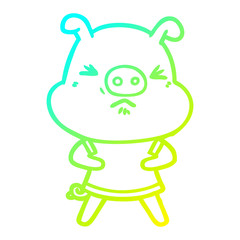cold gradient line drawing cartoon angry pig wearing tee shirt