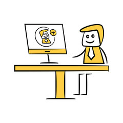 businessman working on computer add friend doodle theme
