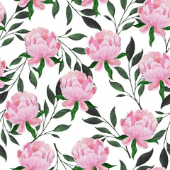 Fototapeta na wymiar Watercolor seamless pattern of peonies and plant branches.