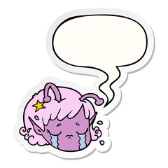 cartoon alien space girl face crying and speech bubble sticker