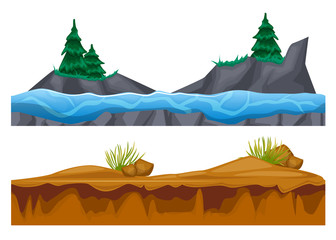 Rocky surface of land with vegetation, water, ground with sand.