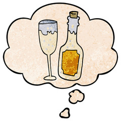 cartoon champagne bottle and glass and thought bubble in grunge texture pattern style