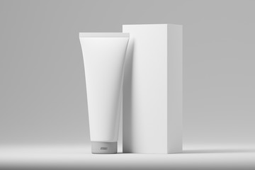 Cosmetic tube for cream, gel, lotion with a white cardboard box. Mock up. 3d rendering
