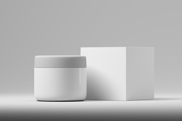 Realistic white empty plastic cosmetic jar with a paper box: cream, lotion, gel. Mock up. 3d rendering