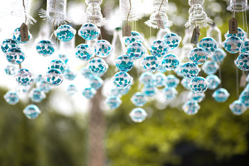 Recycle plastic decoration hanging.Child dreams compare with objects.Handmade plastic mobile decoration.