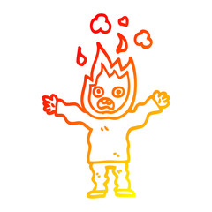 warm gradient line drawing cartoon man with head on fire